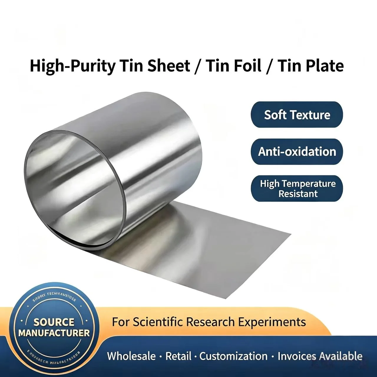 High Purity Tin Foil Sheet Plate Strip Sn99.99% Lab Research Use Customizable