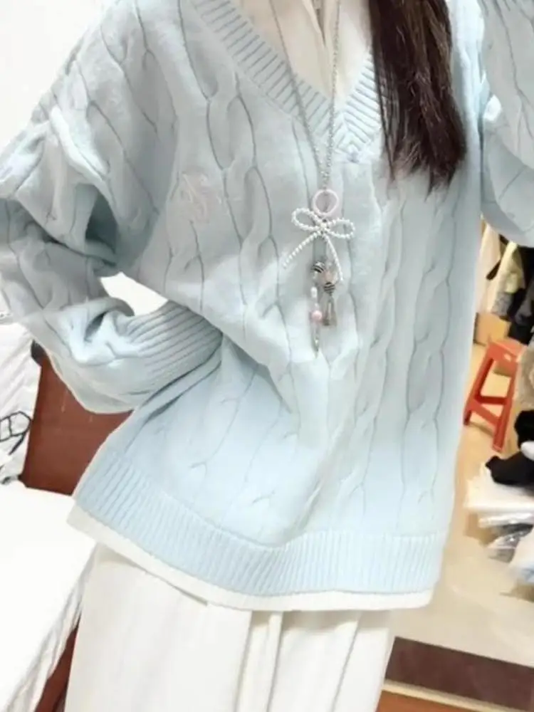 Pull tricoté bleu pour femme, ample, paresseux, col torsadé, vêtement d'extérieur, automne-hiver