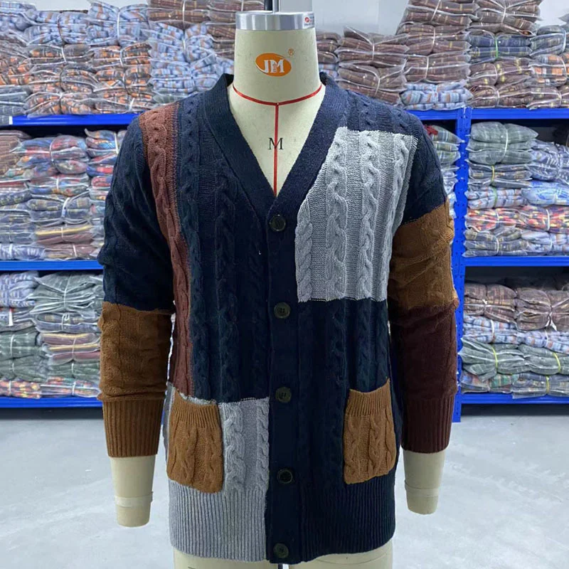 Men's Winter 2023 New Autumn Patch Color Matching Cardigan Sweater Casual Male Fashion Casual Kintted Coat Jacket 21Q4385