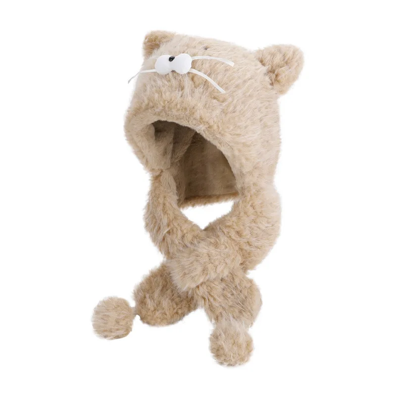 كارتون لطيف هريرة ميمي قبعة الأطفال الشتاء في الهواء الطلق أفخم سميكة هوديي أفخم وشاح دافئ قطعة واحدة قبعة فتاة هدية