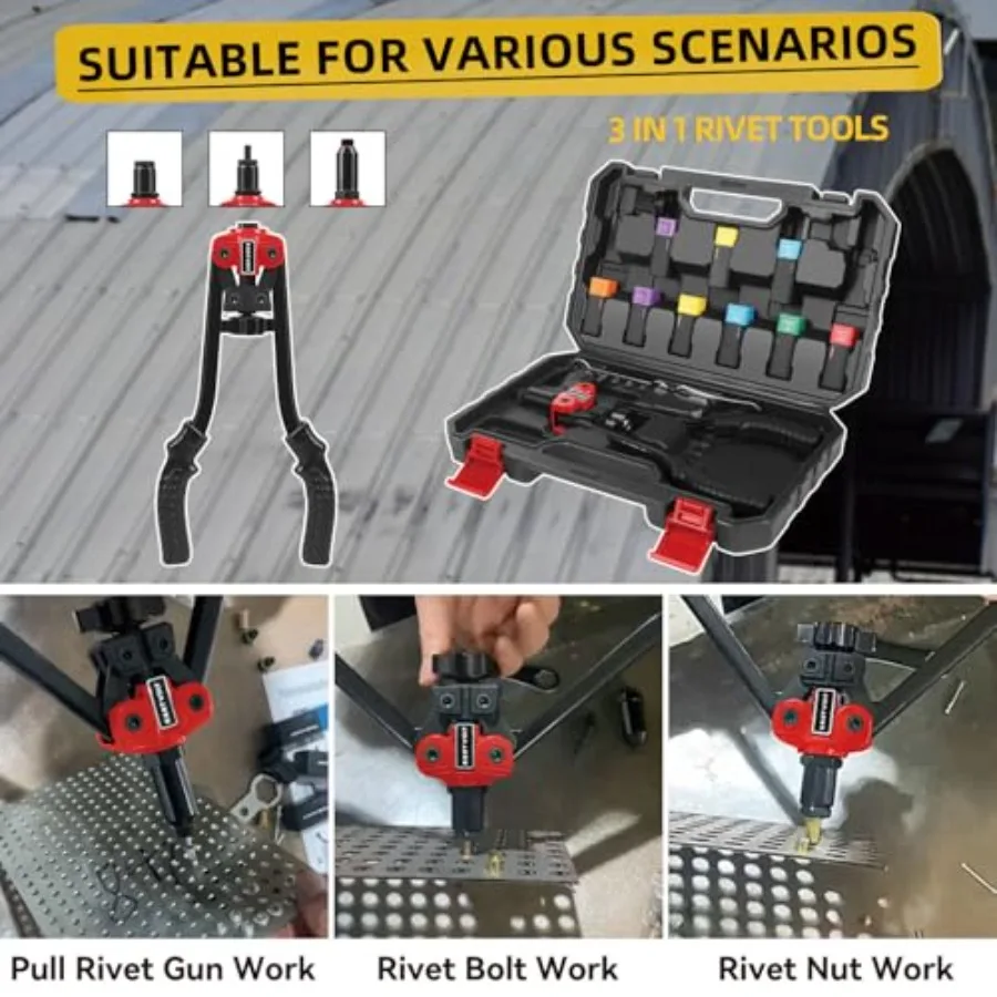 3 in 1 핸드 리벳 건 툴 키트, 자동차 및 금속 제작용 14인치 리벳너트 툴 포함, 6개의 미터법 맨드렐 M3 M4 M5 포함
