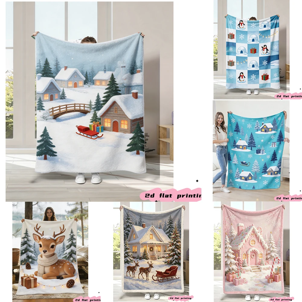 Winter Christmas Village Throw Blanket Snow Cabin Reindeer Sleigh Penguin Gingerbread House Holiday Art Graphic Blanket
