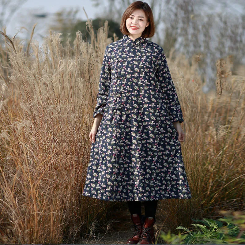 Winter Cotton And Hemp Wool Garden Small Floral Plus Long Coat Women's Retro Loose Single Breasted Thick Warm Coat Robe Casual