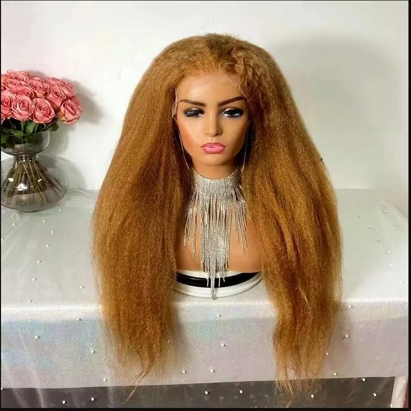 Preplucked Soft Yaki Honey Blonde Brown 30Inch Long Kinky Straight Lace Front Wig For Black Women Baby Hair Synthetic Glueless