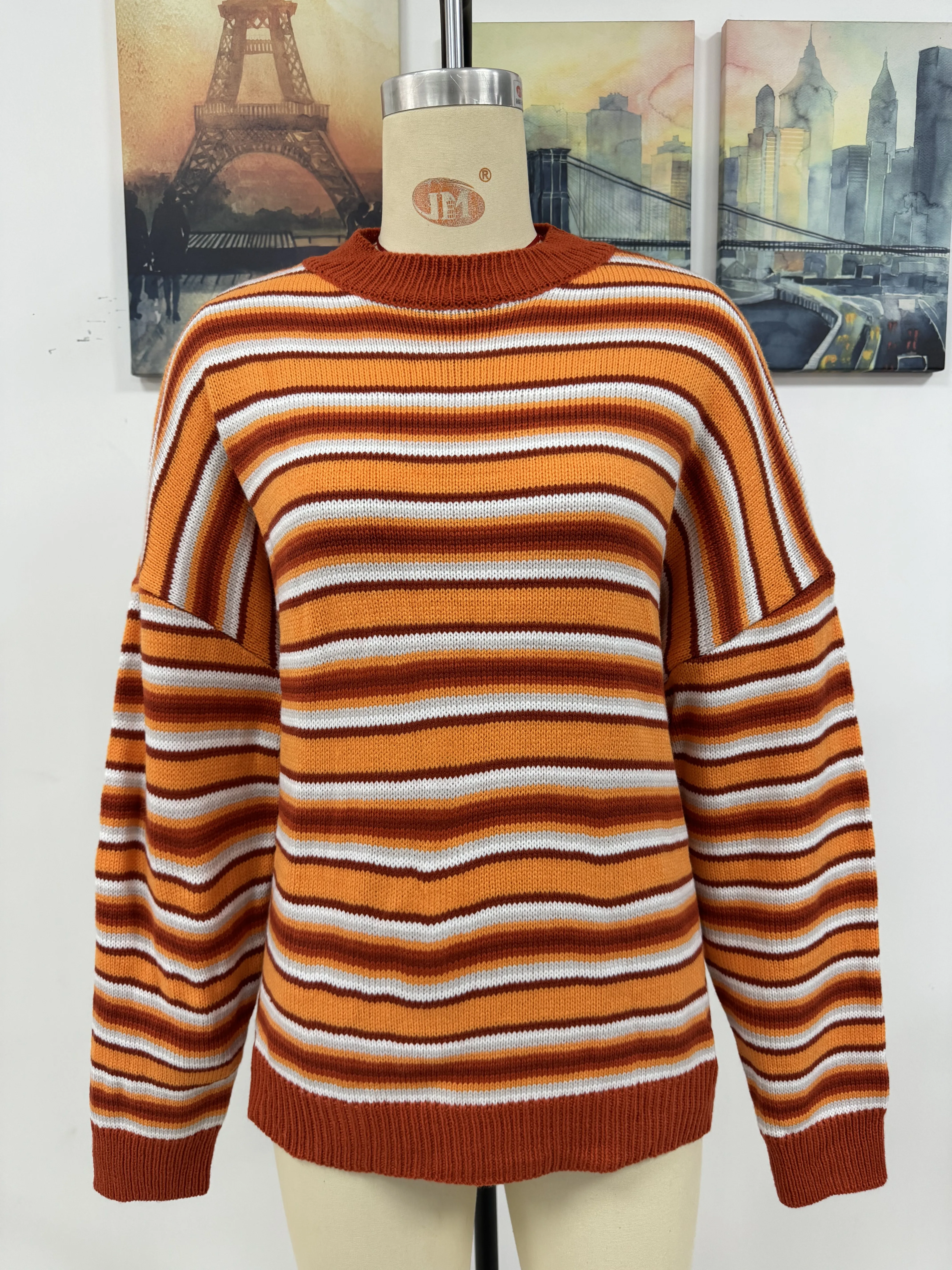 Fairyshely 2024 Winter Orange Striped Knitted Sweater Women Casual O-Neck Long Sleeve Pullover Ladies Autumn Trend Loose Jumpers