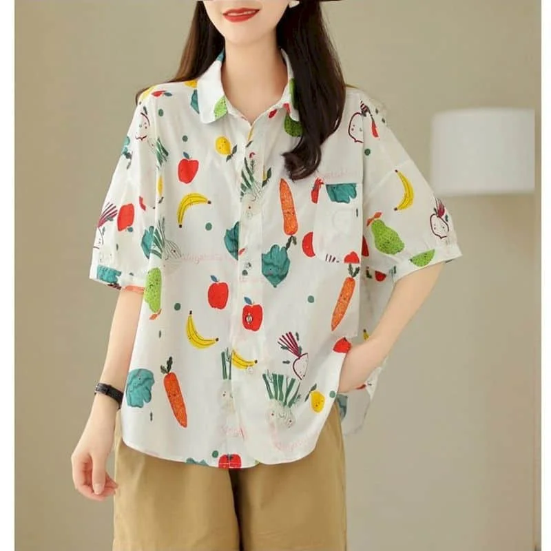 

Printed Shirts for Women Vintage Short Sleeve Polo-neck Casual Thin Single Breasted Korean Style One Piece Blouses Women Tops