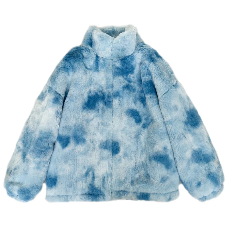 

Winter tie-dye jacket medium and long European and American large lapel women's clothing zipper printing plush clothes thick