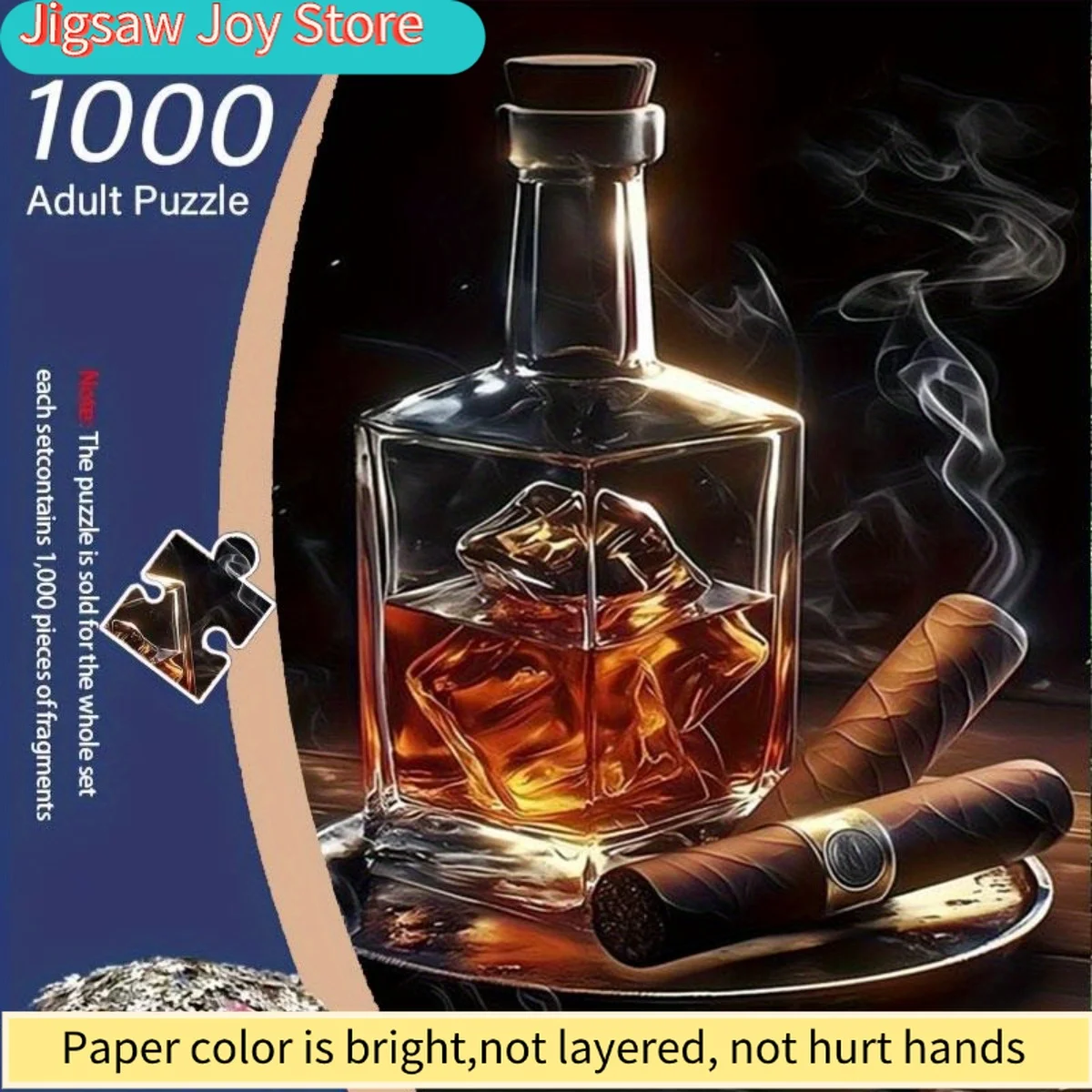 

1000pcs Whiskey Bottle Puzzle with Ice Cube & Cigar Smoking Accessories - Challenging Collectible Board Game for Adults & Fami