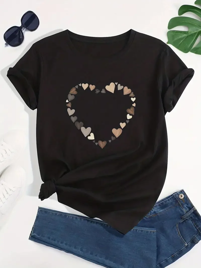 Creative Design Heart Chart Graphic T-Shirt Women clothes Summer Fashion Harajuku Casual Round Neck Short sleeve Black tops