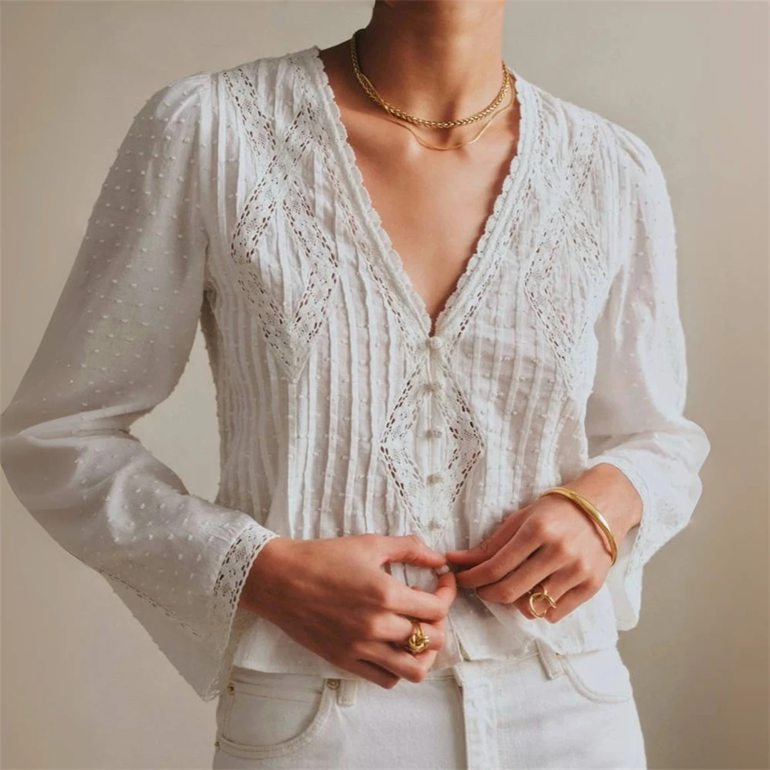 

Elegant Pleated V-neck Floral Embroidery White Shirt French Style Women's Cotton Long Sleeve Breathable Spring Fashion Top
