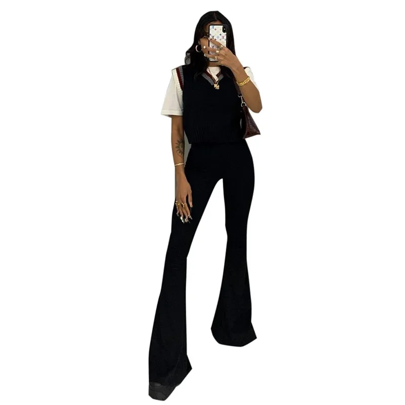 Solid Black Woman Pants Slim Fitting High Waisted Streetwear Casual Flare Pants Women Clothes Full Length Capris Trousers Women