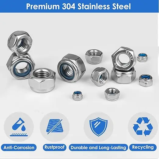 Picture 4: Lock Nuts Assortment Kit,304 Stainless Steel Self Clinching Nuts,M3, M4, M5, M6, M8, M10, M12 Metric Nylon Insert Lock HexNuts
