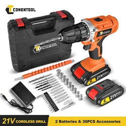 CONENTOOL-taladro inalámbrico de 21V, destornillador combinado con 2 baterías, 2000mAh, 45N.m, luz LED