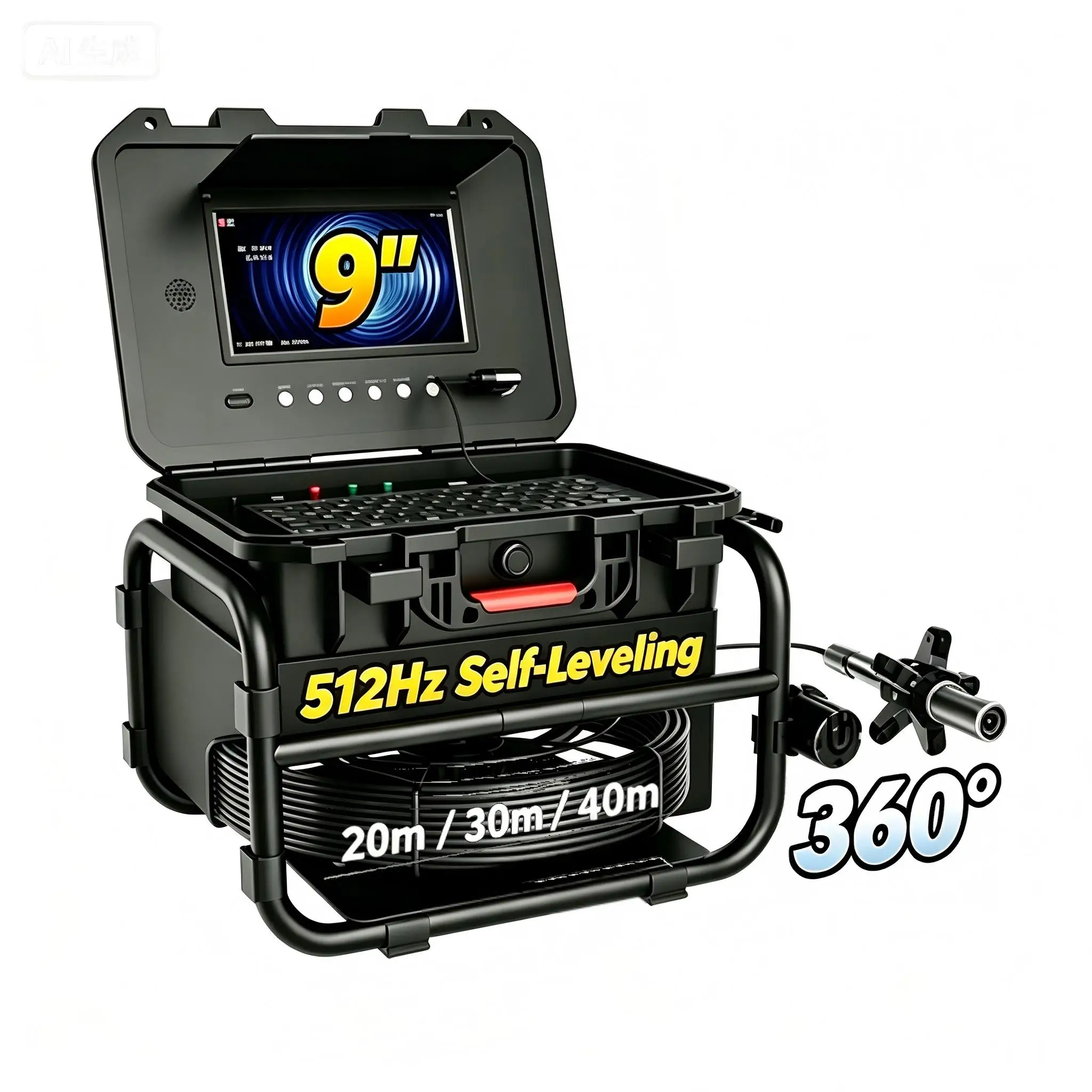 360 Rotating Sewer Pipe Inspection Camera 512Hz Transmitter 9″ IPS 1080P Screen 32mm Camera Meter Counter Keyboard Sewer Camera