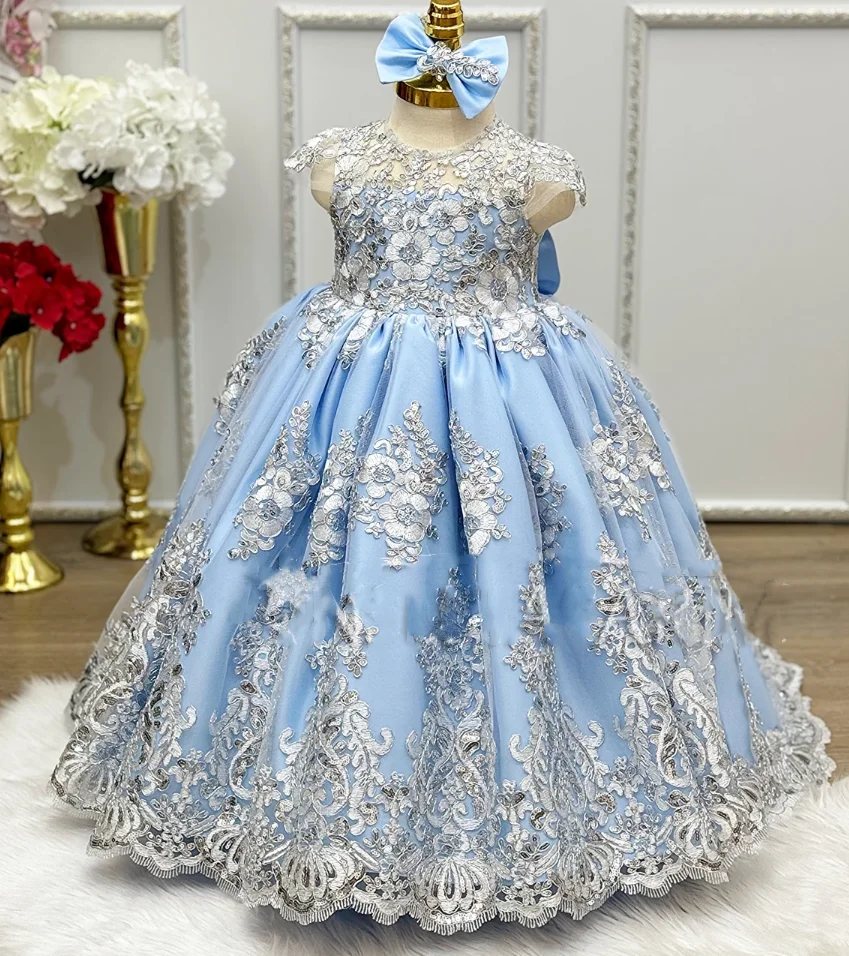 Vestido de Apliques de Renda Dourada Bebés, Vestidos de baile, Menina Flor, Bonito vestido de princesa, Grande Arco, Primeiro Aniversário, Casamento