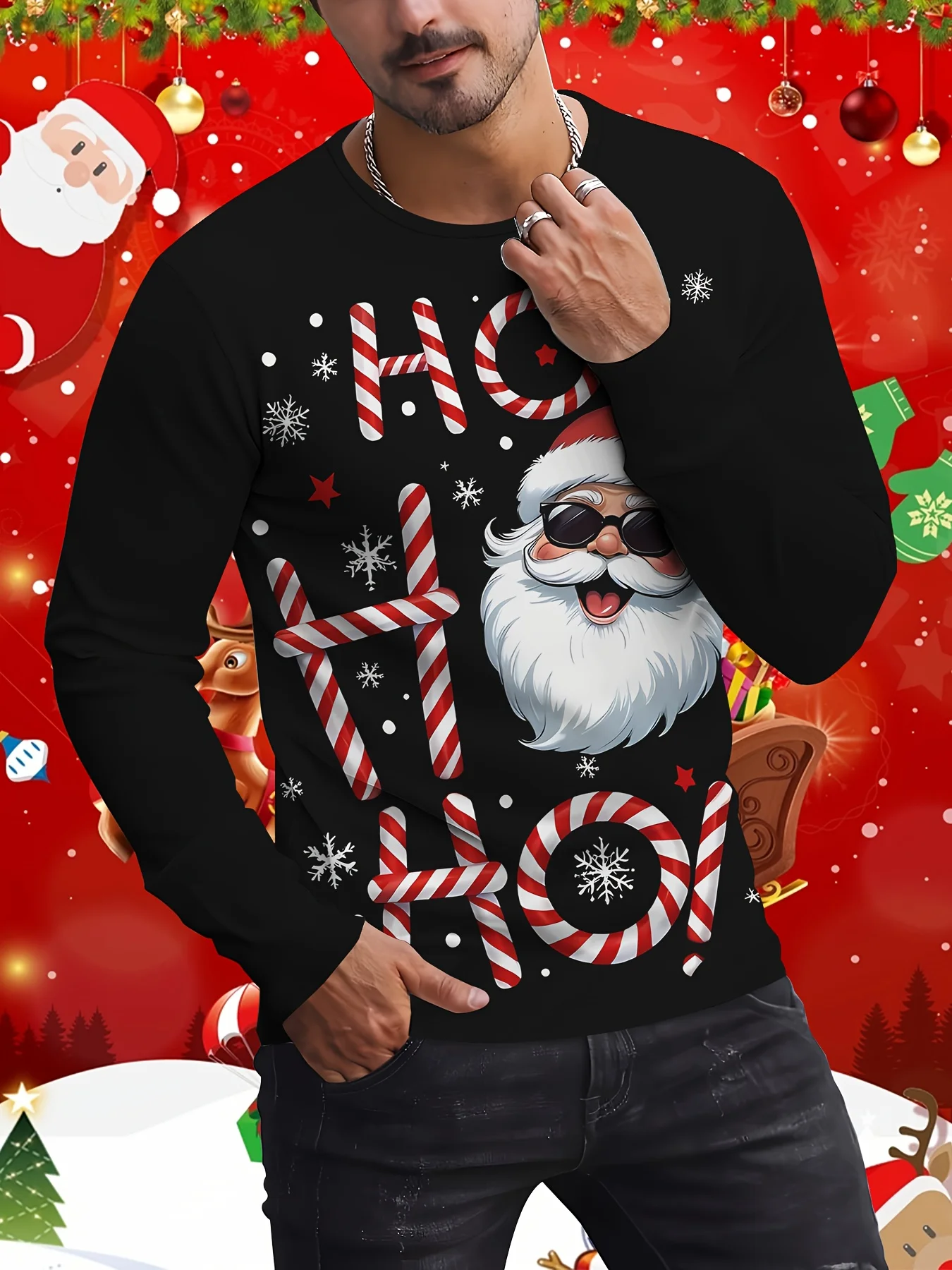 

Christmas Men's Long-sleeve T-shirt Cute Santa Claus 3D Printed Pullover Loose Y2k Crew Neck Tops Holiday Casual Men Clothing