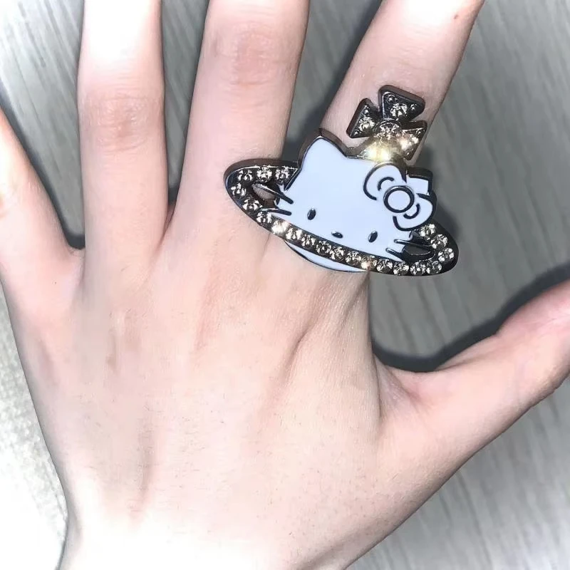 Cincin Ukuran Dapat Disesuaikan Berlian Berkilau Kucing Saturnus Y2K Kartun Perhiasan Anak Perempuan Mainan Dekoratif Hadiah Hari Valentine Kawaii