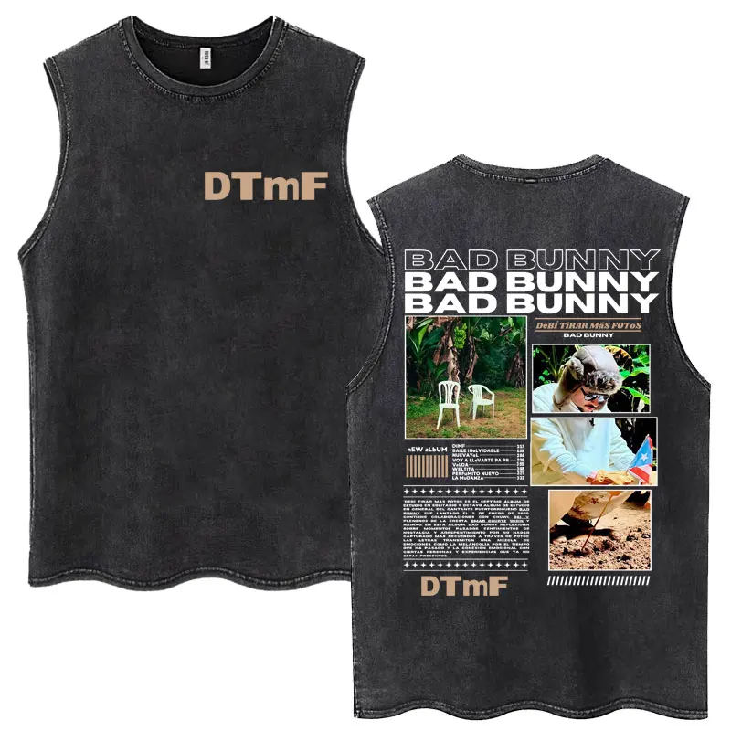 Bad Bunny Album Washed Tank Tops DTMF Debí Tirar Más Fotos Retro Hip Hop T Shirt Men's Trend Cotton Loose Sleeveless Street Tees