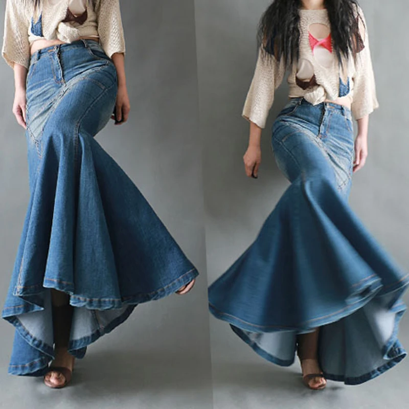 

Women Long Denim Skirt High-waisted Casual A-line Maxi Skirt Elegant Wrap Fishtail Skirt