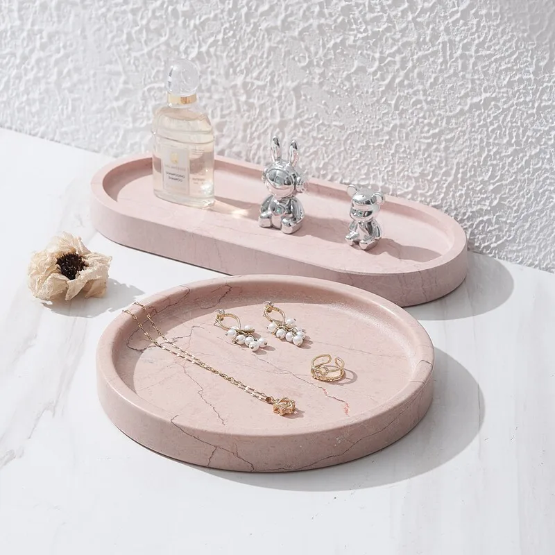 Pink Marble Vanity Tray, Chic Jewelry Organizer, Cosmetic Holder, Bathroom Display Plate for Bedroom Hotels Home Decor Set Plus.