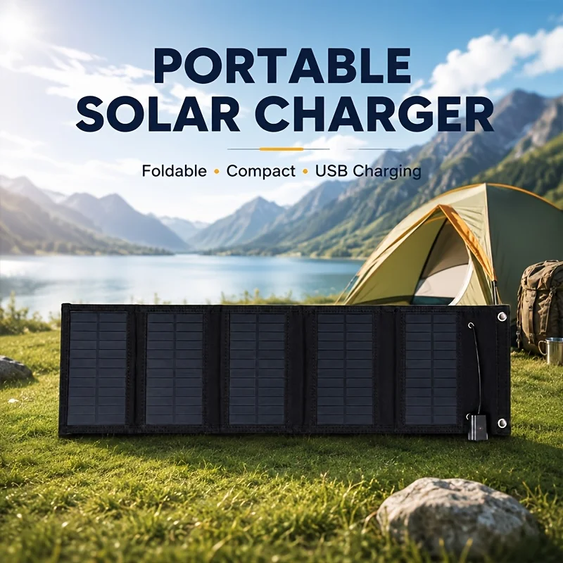 New 5-Fold Portable Folding Bag with USB Extension Cable, Portable Carrying Case with Carabiner Clip, Equipped with USB Charging