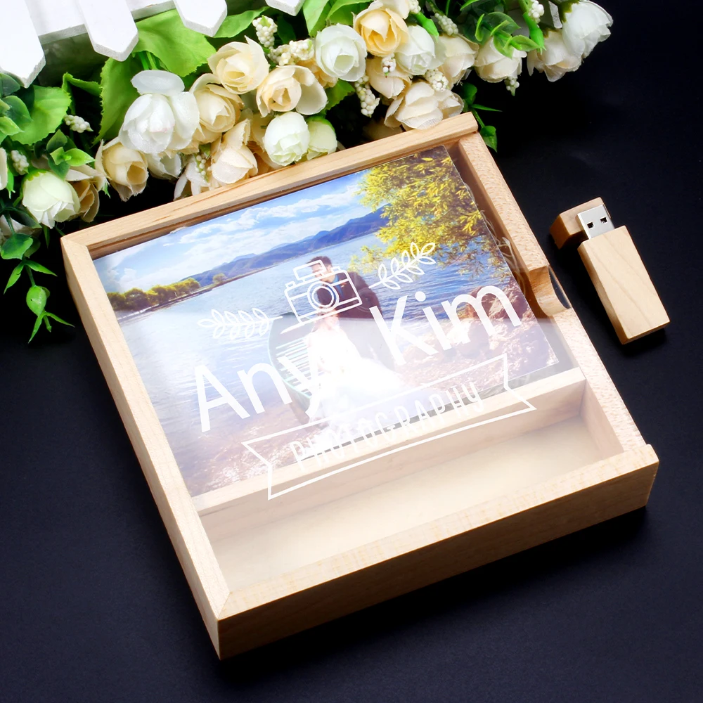 Photography Gift Box Pen Drive Wooden Wedding Custom USB Flash Drives Real Capacity Memory Stick 64GB/32GB/16GB/8GB/4GB U Disk