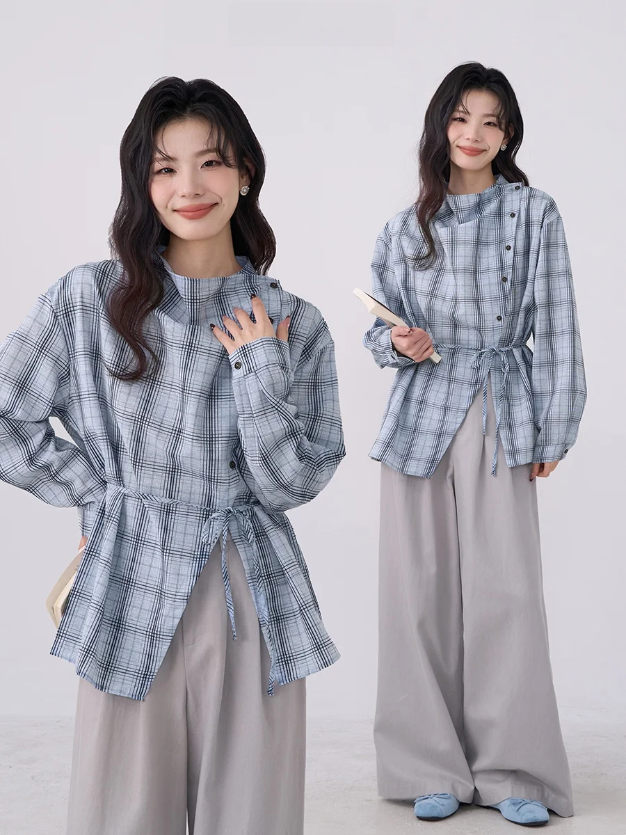 

Осенняя клетчатая свободная женская обувь irt Heme Initial Meeting Design Sense с асимметричным воротником, длинный све, хлопок, для поездок на работу