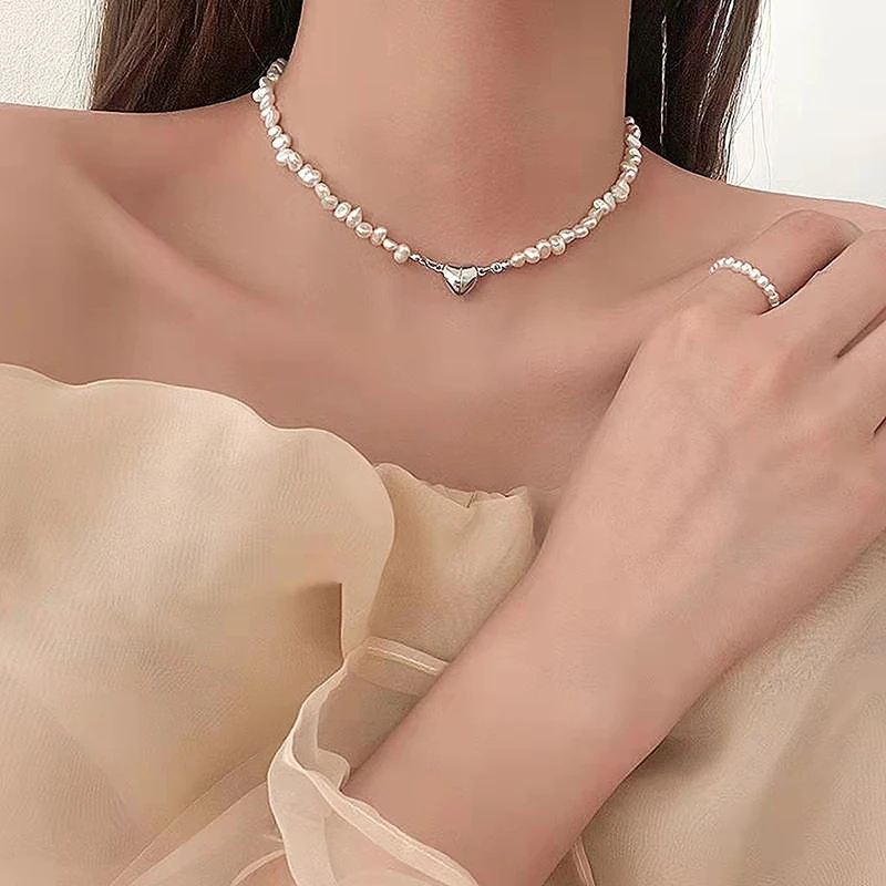 Korean Pearl Chain Choker Necklace Magnetic Heart Pendant For Women Girls Fashion Jewelry Bridal Engagement Gifts