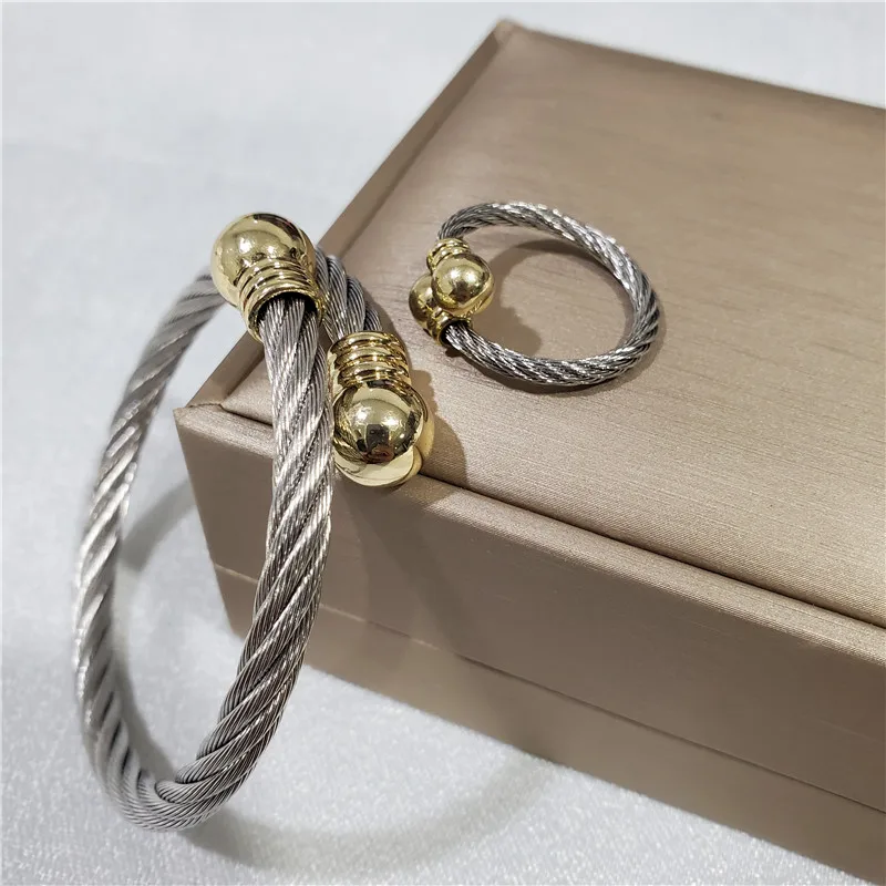 316L Stainless Steel Cable Simple Opening Female Ring Bracelet Wedding Jewelry Set  Conjuntos Feminino Bijoux Enfant Pour Fille