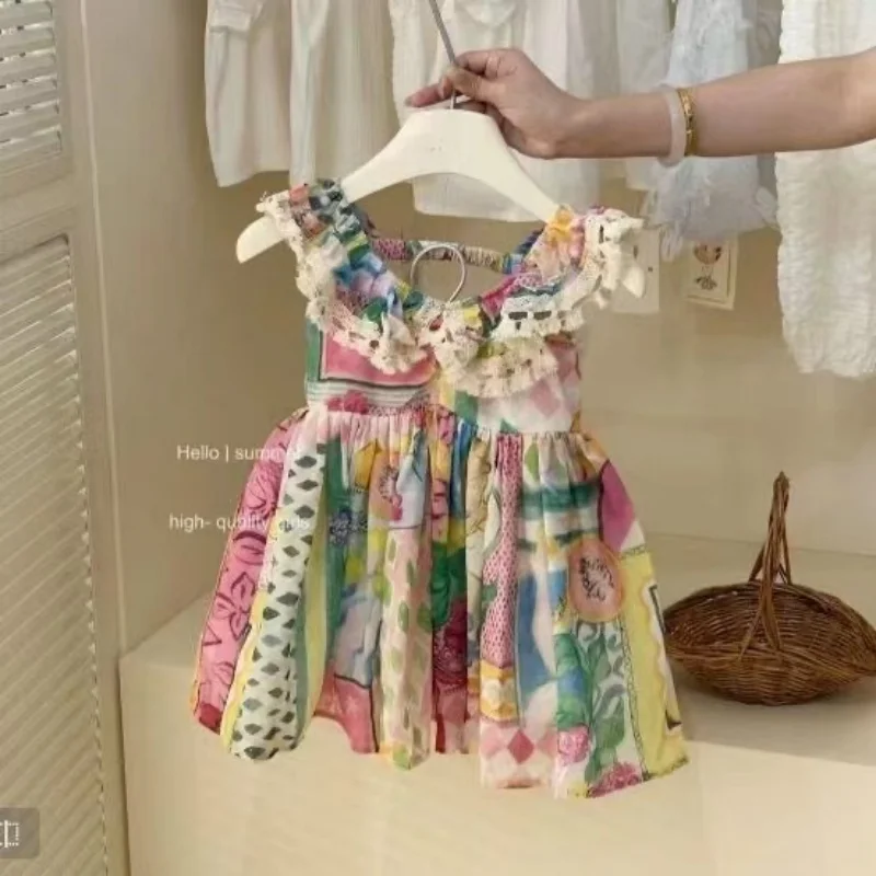 

Korean Childrens Wear 2025 Summer New Sweet Cartoon Dress Girls Lace Colorful Tank Top Dress Princess Dress