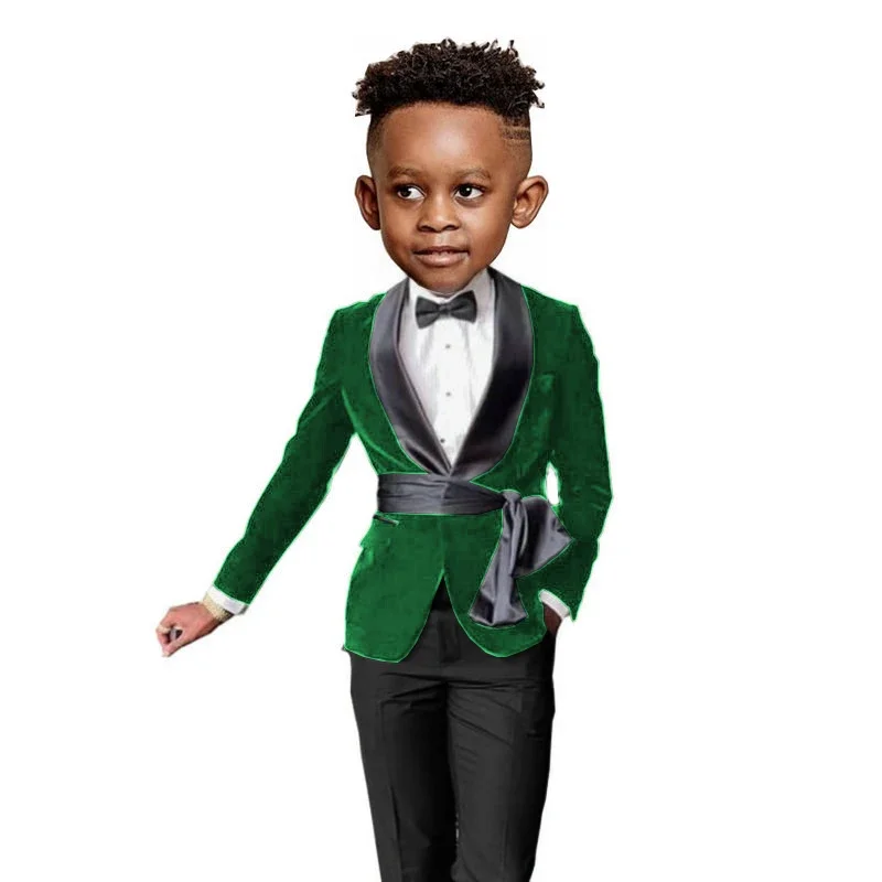 Fashion Black Velvet Boys Wedding Suits Children Performance Party Dress Costume Toddler Kids Blazer Pants Belt Clothing Sets