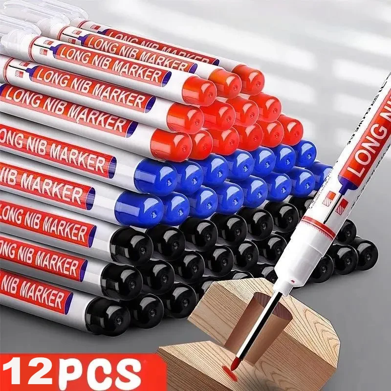 

12 Long Nib Markers - Multi-Purpose Red and Black 20mm Deep Hole Markers for Woodworking, DIY Projects and Bathroom Decor
