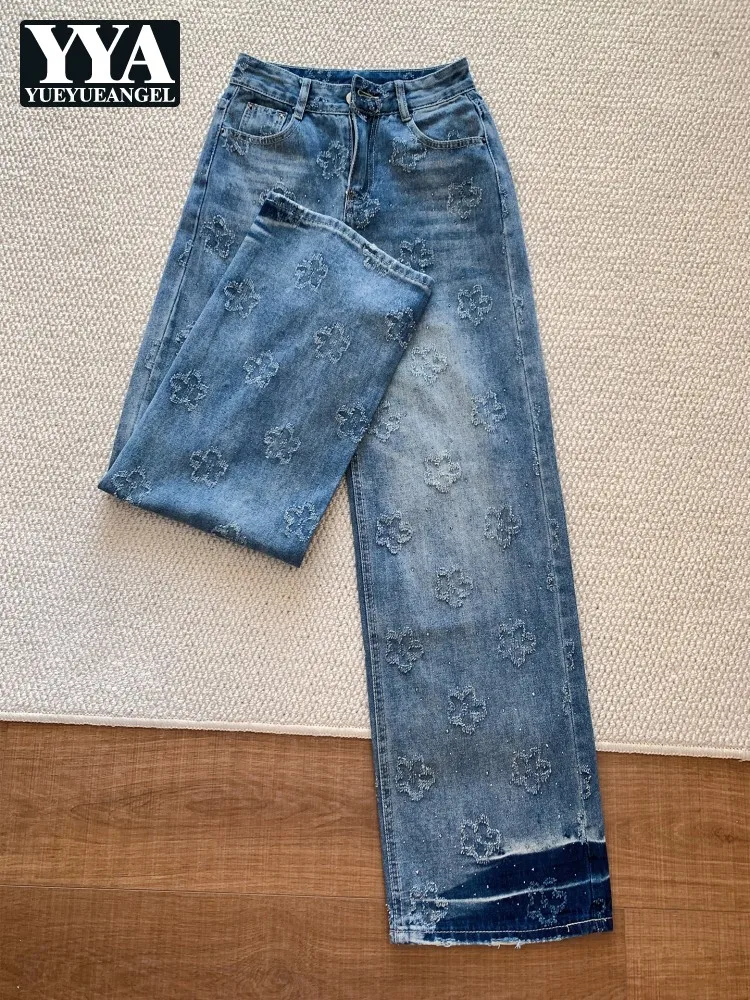 

Womens Diamonds Embroidered Flower Jeans New Style Light Blue High Waist Loose Straight Denim Pant Fashion Casual Long Trousers