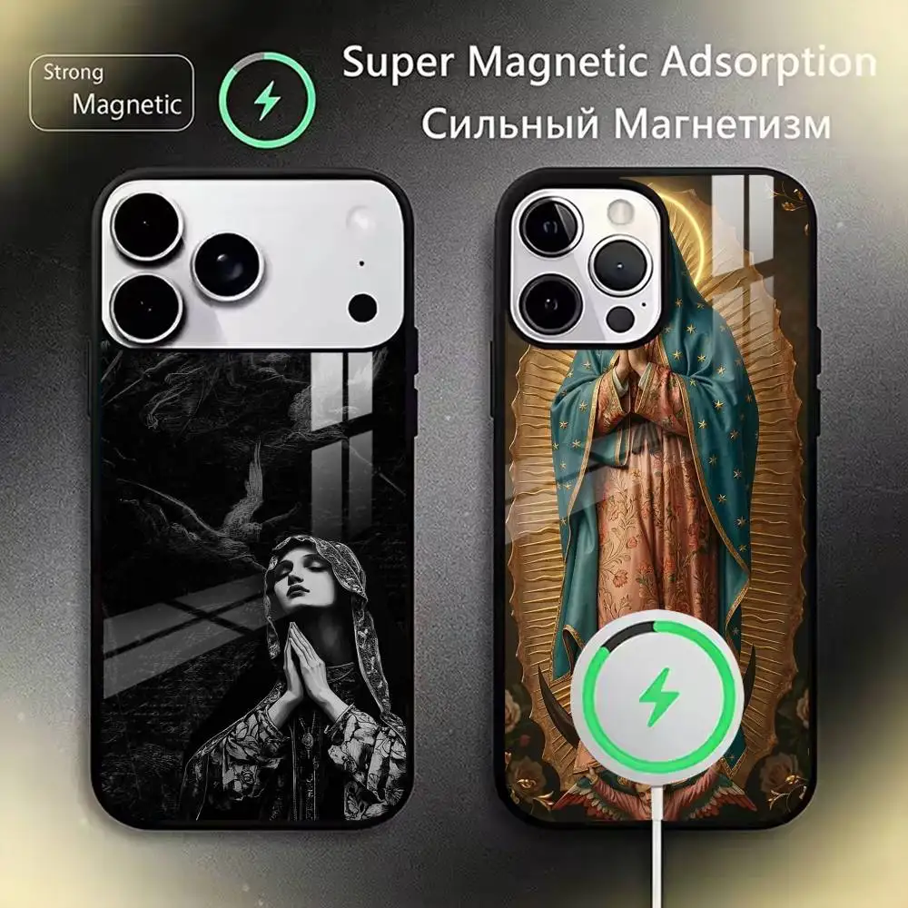 

Virgen Mary Slim Black Phone Case For iPhone17,16,15,14,13,12,11 Plus,Pro Magnetic For Magsafe Wireless Charging