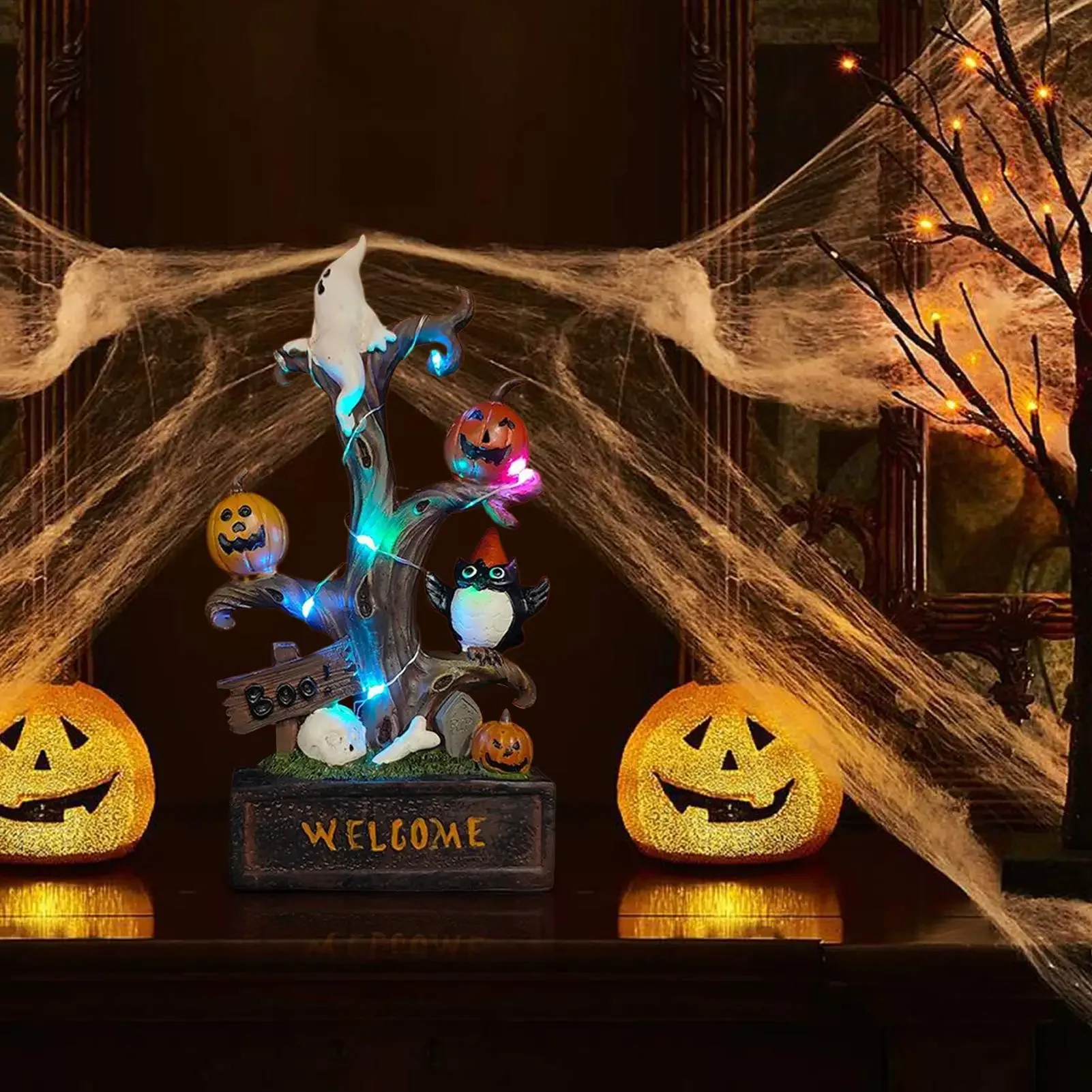 Halloween Tree Statue Halloween Statue Welcome Tree Resin Scene Prop Scary Ornaments With Light For Windowsill Fireplace Mantel