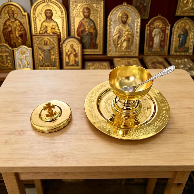 

Handcrafted Gold Plated Orthodox Holy Communion Chalice Set with Lid Spoon Paten for Church Liturgy Home Altar Prayer Devotion