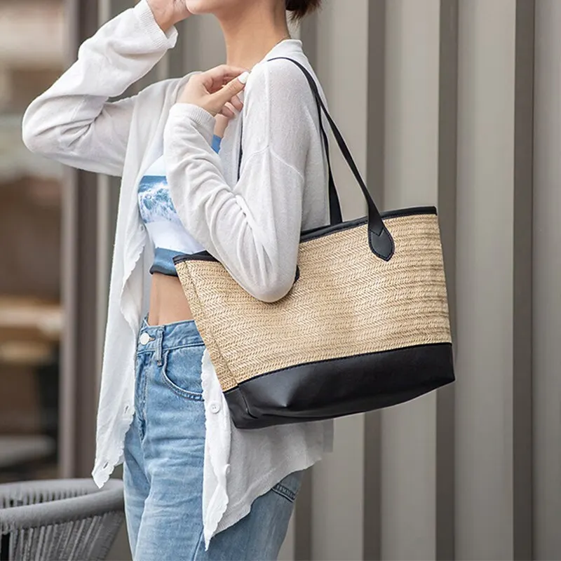 Fashion Simple Underarm Package Versatile Straw Braid Color Clash Large Capacity Casual Single Shoulder Tote Bag