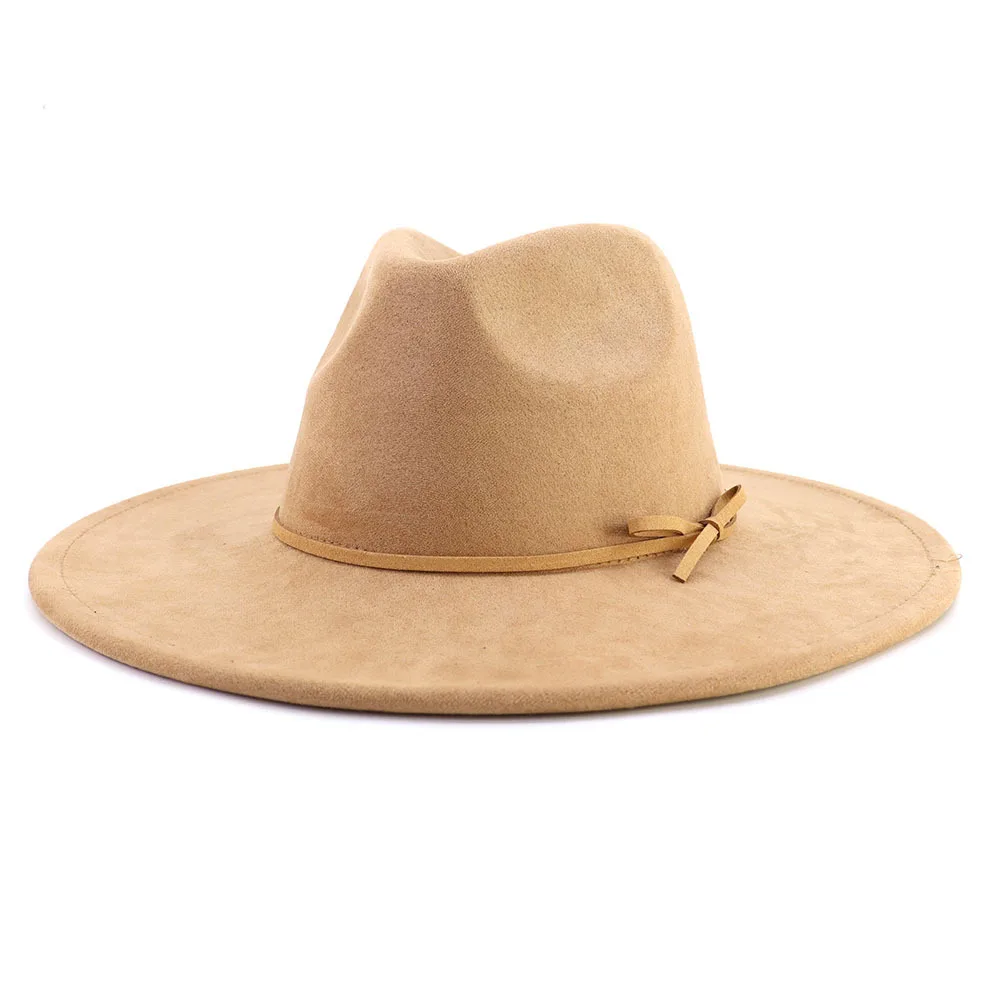 Wildleder Fedora Hut mit gleichen Farben Zubehör Teardrop Top breite Krempe Hut für Männer und Frauen Panama Hut Chapeau Homme Sombrero – Detail 7