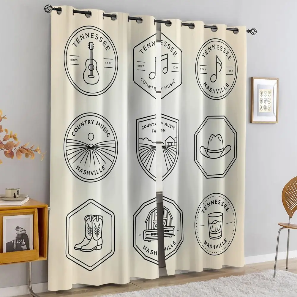 Tennessee Country Music Theme Curtains, Nashville Aesthetic Black and White Line Art Print Drapes, Modern Decorative Curtains view 2