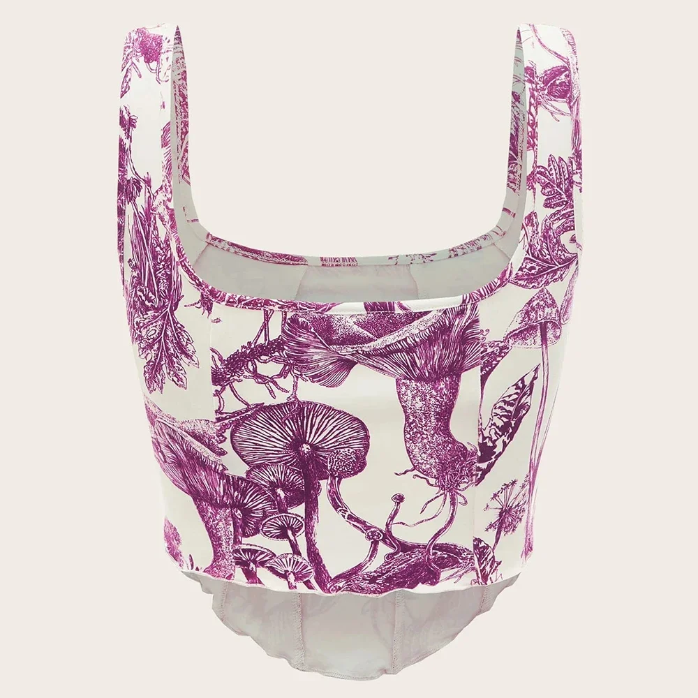 CPSYMYM الدبابات الربيع الصيف أزياء لائق طباعة كاملة أكمام ساحة الرقبة عارضة الدبابات للنساء