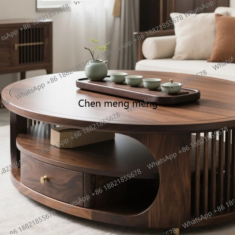 New Chinese-style North American black walnut round coffee table oval solid wood tea table combination living room