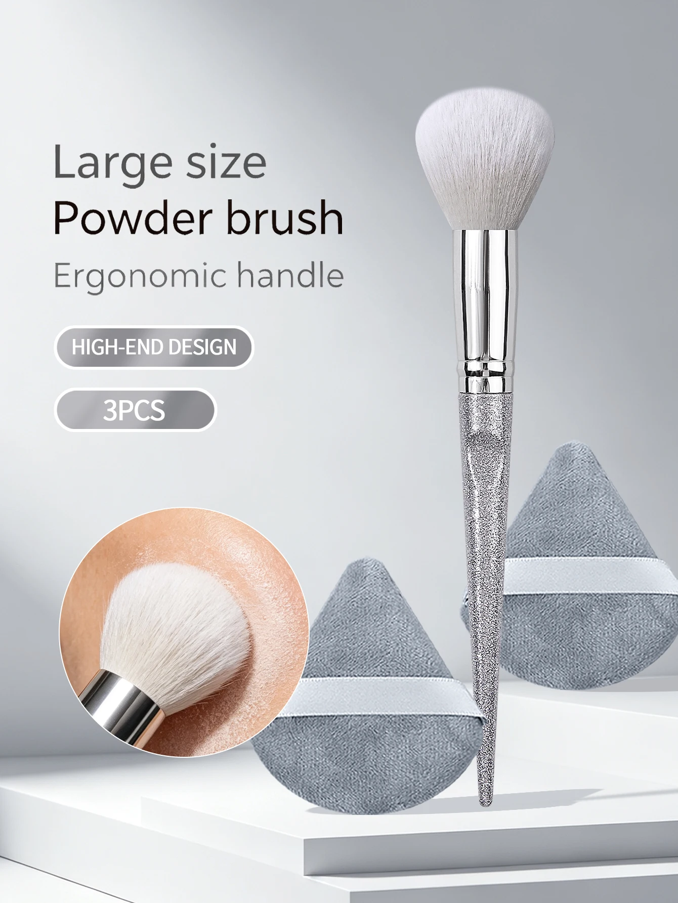 Hot Sale 3Pcs Large Size Powder Brush & Triangle Powder Puff Set Ergonomic Handle High‑end Design Cosmetic Tools For Face Makeup