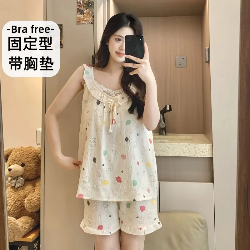 

Large Size Cloud Cotton Pajamas Women Summer Sweet Princess Style with Chest Pad Suspender Shorts Loungewear Can Be Worn Outside