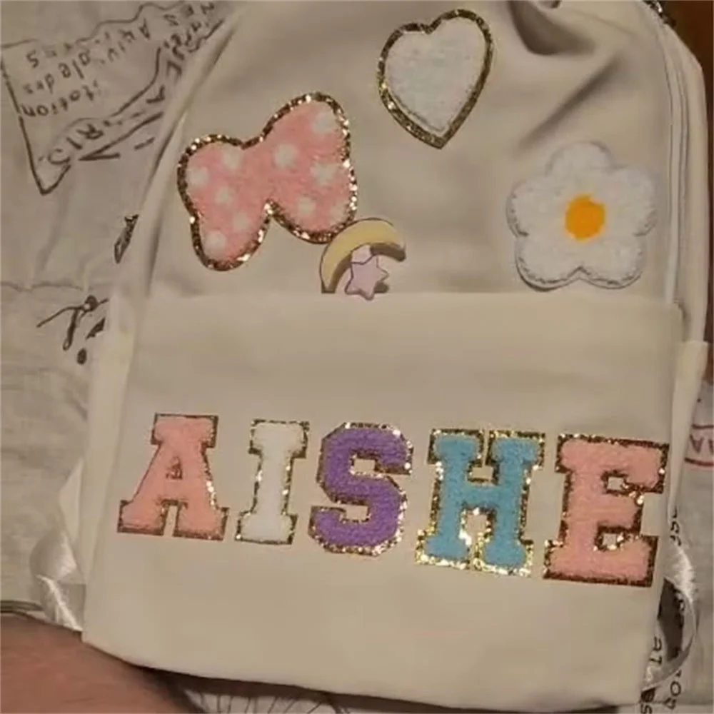 Mochila pequeña de nailon personalizada para niña preescolar, bonito parche de letras de chenilla, el mejor regalo para guardería