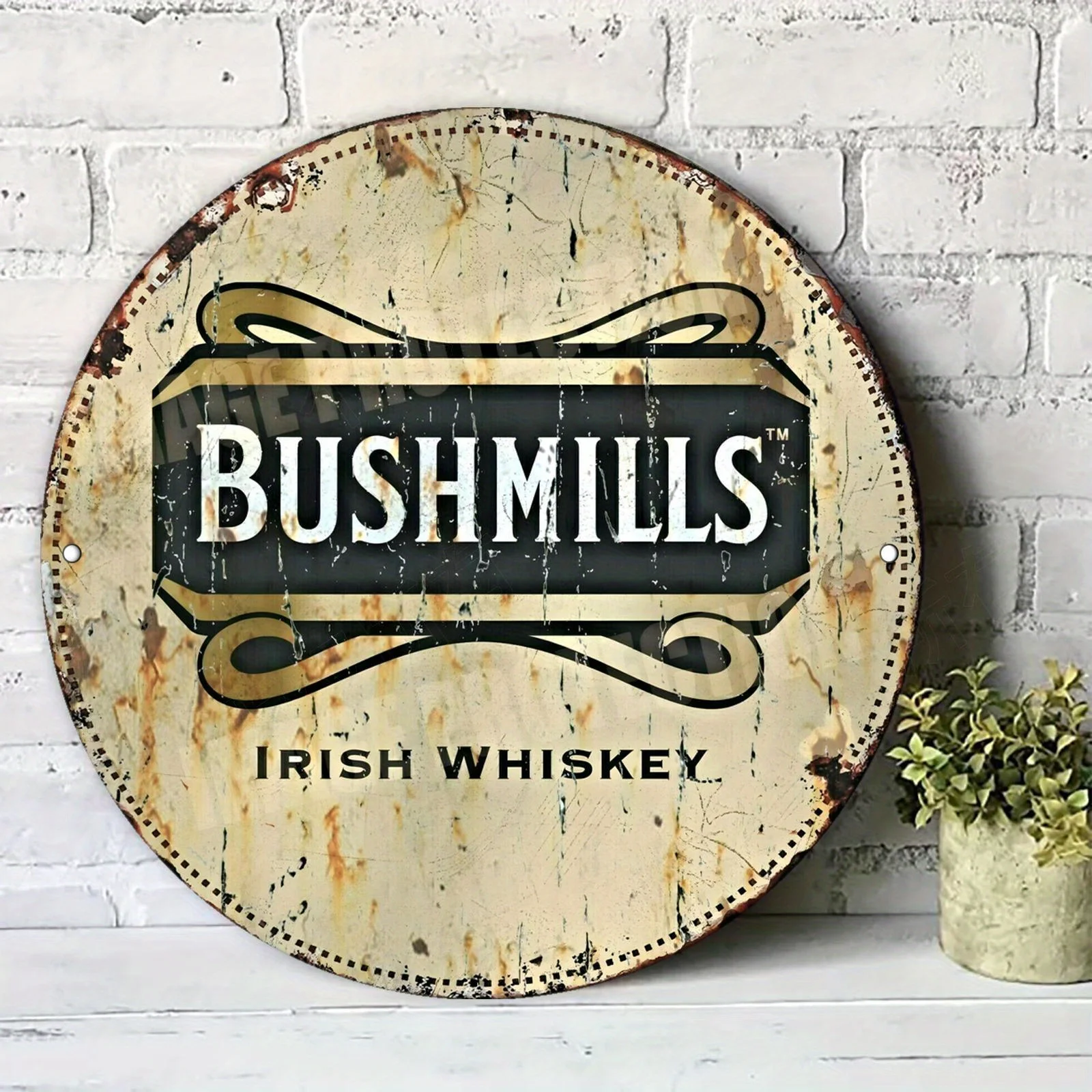A 2D Flat Circular Aluminum Sign,Featuring a Vintage-style Bushmills Irish Whiskey Metal Plaque,Perfect for Bedroom, Living Room