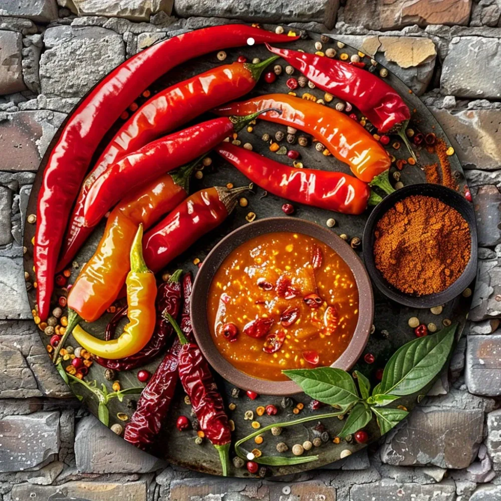 Artisanal Hot Sauce Aluminum Wall Art - Elegant Round Metal Sign With Locally Sourced Peppers, Perfect For Home & Office Decor