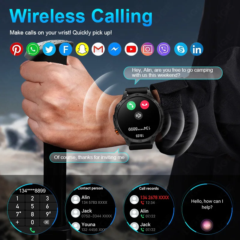 LIGE Military Men Smart Watch 730mAh Ultra 1.75" AMOLED 100+ Sports Voice Calling 24H Health Monitor Bluetooth Smartwatch 3ATM