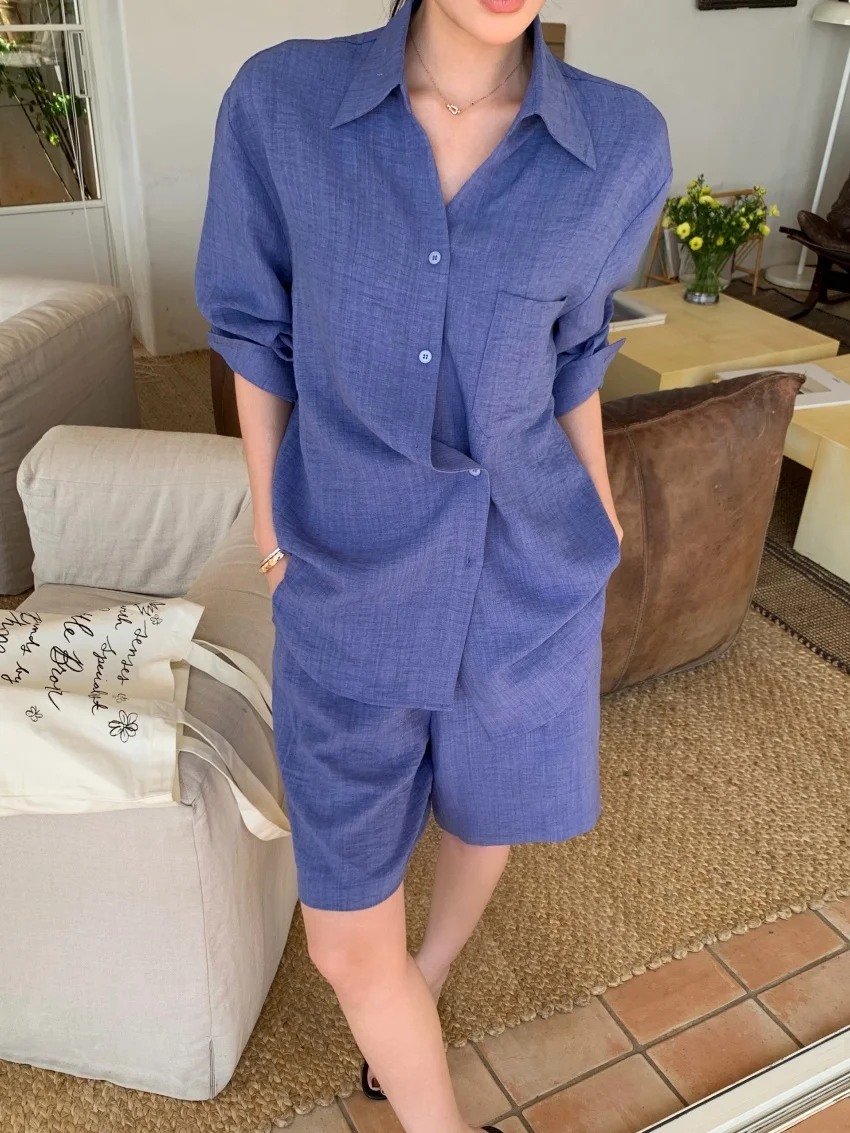 Alien Kitty Summer Women's 2 Piece Linen Sets Daily OL Shirt Loose Wide Leg Shorts Casual Minimalist Daily Vacation Outfits