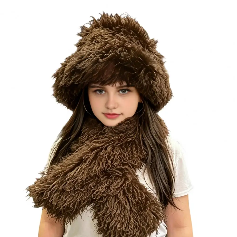Women Curly Plush Hat, Fuzzy Winter Bucket Hat Scarf, Soft Fluffy Warm Mongolian Hat for Cold Weather Accessories
