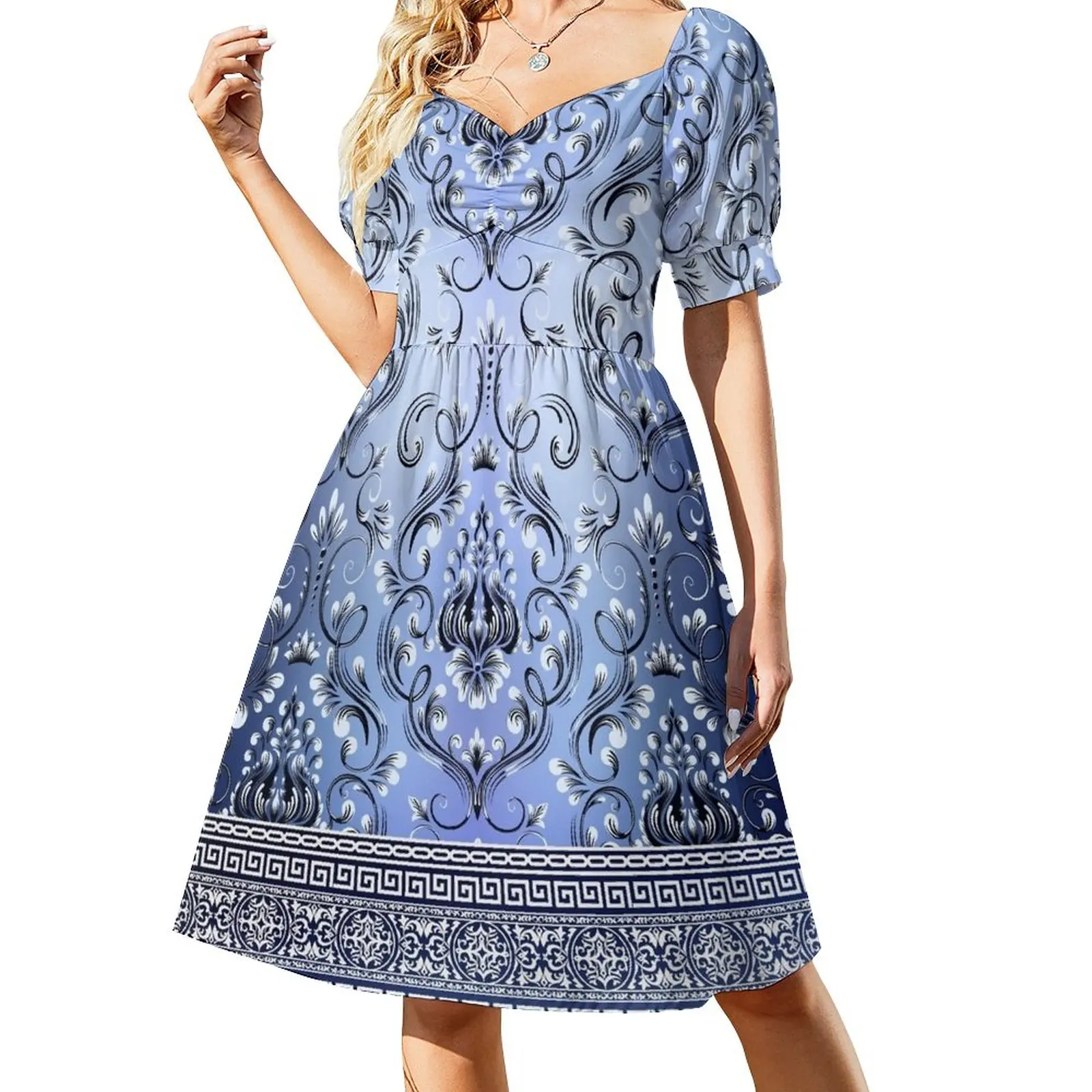 

Greek Key Ornate Floral Baroque Black Silver and blue Dress elegant party dresses for women 2023 sexy dress for women